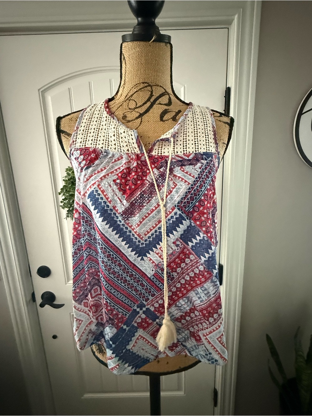 No Boundaries Red, White & Blue Crochet Yoke Tank